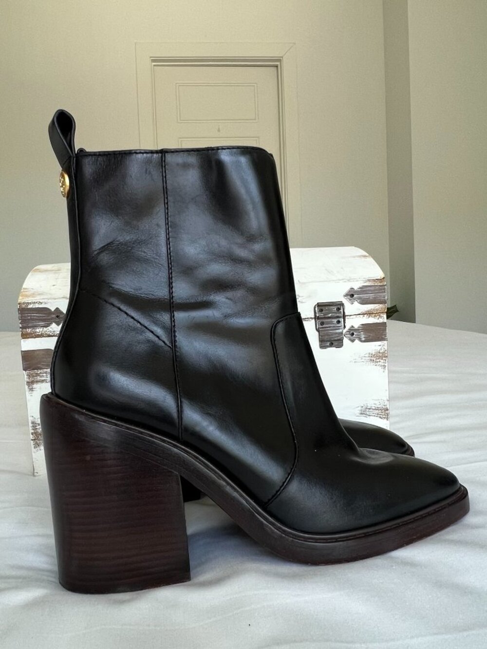 Tory Burch Sierra Black Leather Block Heeled Ankle Boots Womens Size 9.5